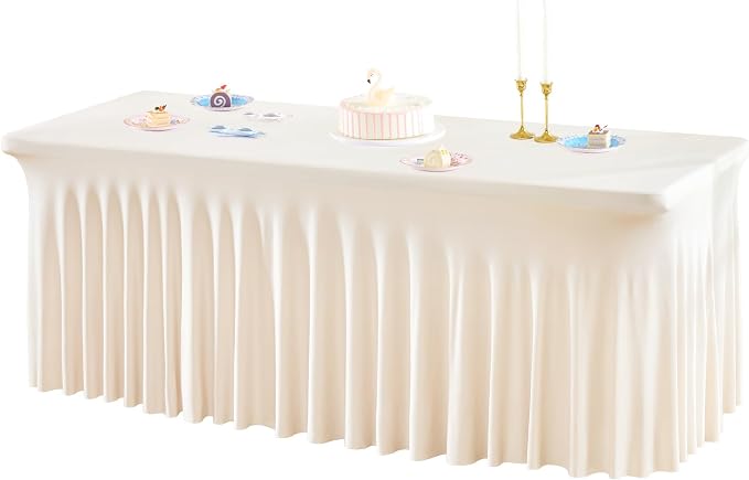 1 Pack Ivory Table Clothes for 6 Foot Rectangle Tables, One-Piece Wrinkle Resistant Stretch Spandex Table Covers with Skirt for Event Banquet Wedding Birthday Party by PartyTalk