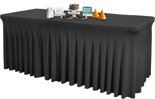1 Pack Black Table Clothes for 4 Foot Rectangle Tables, One-Piece Wrinkle Resistant Stretch Spandex Table Covers with Skirt for Event Banquet Wedding Birthday Party by PartyTalk