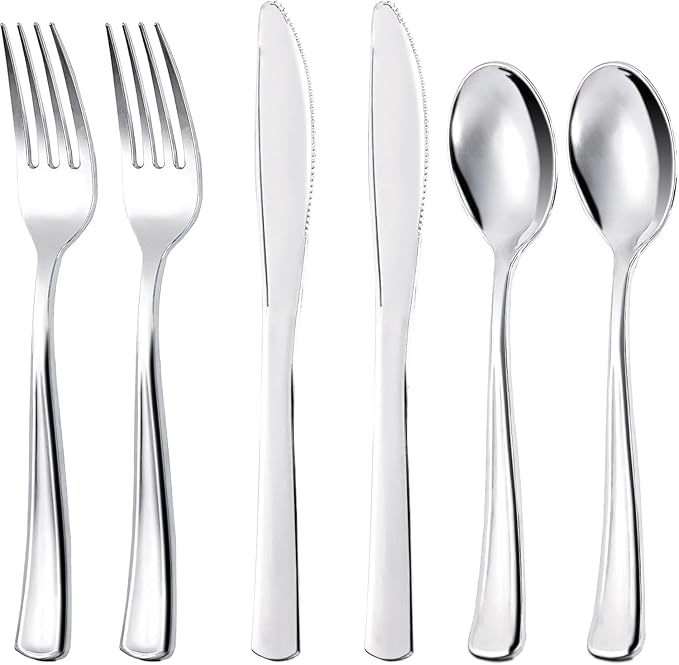 300Pieces Silver Plastic Silverware - Heavy Duty Disposable Utensils - Silver Plastic Cutlery Set Includes 100 Forks, 100 Spoons, 100 Knives for Dinner Parties Weddings