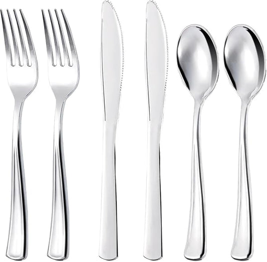 300Pieces Silver Plastic Silverware - Heavy Duty Disposable Utensils - Silver Plastic Cutlery Set Includes 100 Forks, 100 Spoons, 100 Knives for Dinner Parties Weddings