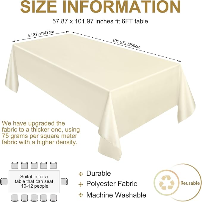Moukeren Rectangle Tablecloths 58" x 102" for 6 ft Tables, Ivory, 18 Pack | Wrinkle Resistant Polyester, Reusable Washable Bulk Tablecloths, Wedding Party Restaurant - Image 4