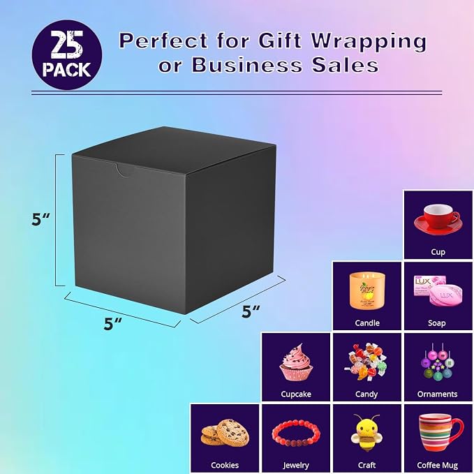 Ueznea Black Gift Wrap Boxes 5x5x5” (25 Pack) Kraft Paper Boxes for Small Business, Birthday Party Favors, Christmas Ornaments, Bridal Shower, Cupcake, Treat, Craft, Mugs, Candle Boxes - Image 2