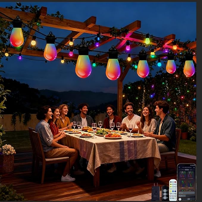 Outdoor String Lights S14, Smart Patio Lights with 15 Shatterproof LED Bulbs, APP & Remote Control, 213 Scene Modes, IP67 Waterproof for Garden, Wedding, Party, Camping