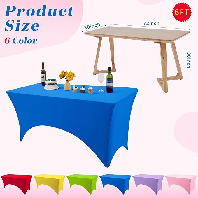 Preboun 6 Pcs Stretch Spandex Table Cover 6 Ft Rectangular Fitted Tablecloth Washable and Wrinkle Resistant Patio Table Cover Spandex Table Cloths 6 Ft for Event Wedding Banquet Parties, 6 Colors - Image 2