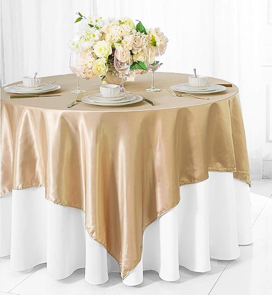(2 PCS 54" Square Satin Table Overlays Toppers Tablecloths Table Overlay Cover Linens for Wedding Decoration Party Banquet Events - Champagne