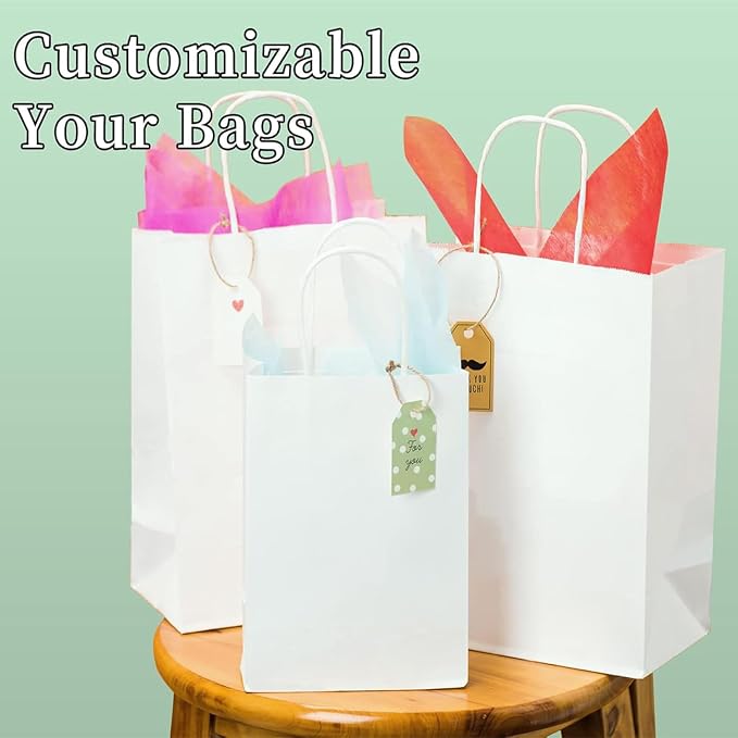 RACETOP White Gift Paper Bags 100 Pack 8x4.5x10.8 in Medium with Handles | Recycled Kraft Paper, Medium Size, Reinforced Handles, for Groceries, Retail, Party Favors, Takeouts, Eco-Friendly - Image 4