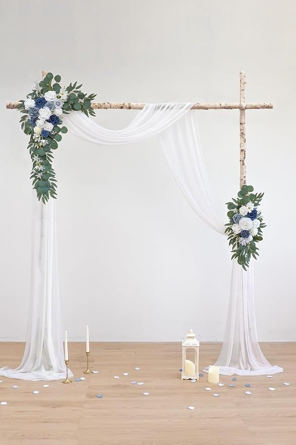 Olalaka Dusty Blue Artificial Wedding Arch Flowers Kit (Pack of 3) with 26Ft White Shiny Arch Draping Fabric for DIY Wedding Party Ceremony Reception Backdrop Floral Decoration - Image 2