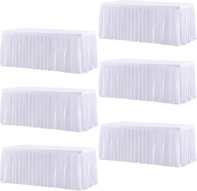 Wish Care 6 Pack White Rectangle Table Clothes for 8 Foot Tables, Polyester Fitted Tablecloths 8ft Stretch Table Cover for Wedding, Birthday, Parties, Trade Show, Craft Show by WishCare