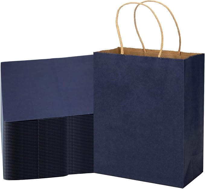 MOZRRO Gift Bags with Handles 100 Pack, 10.5x8.5x4.5 Inch Medium Size | Kraft Paper, Recycled, Sturdy Handles, Gentleman Blue, For Birthday, Bulk, Party Favor, Lunch, Gift Giving by MOZRRO