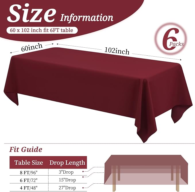 YMHPRIDE 6 Pack Burgundy Polyester Tablecloths, 60 x 102 inch, Rectangular, Wrinkle Resistant, Machine Washable, Perfect for 6FT Tables, Parties, Weddings, Banquets - Image 2
