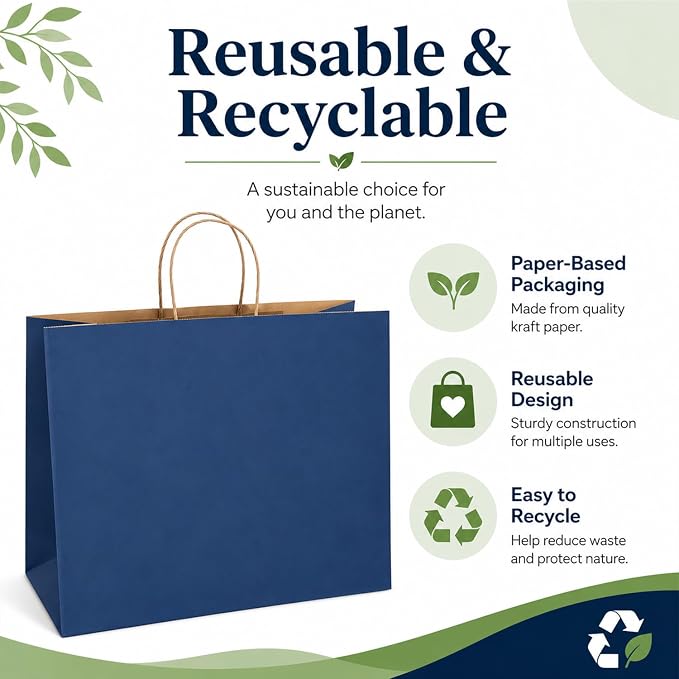 Large Kraft Paper Bags with Handle Bulk for Shopping,70pcs,Navy Blue | 16x6x12 Inch,120GSM,Thick,Durable,8LB Load,Heavy Duty for Retail ,event,boutiques,corporate gifts,wedding,party - Image 4