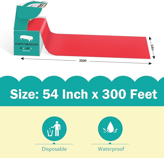 54 Inch x 300 Feet Red Plastic Tablecloth Roll Disposable Table Cloth with Cutter Box Plastic Table Cover for Party - Image 2