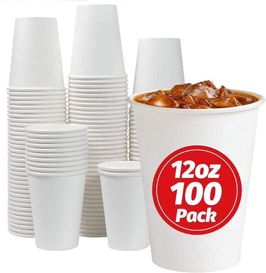 Clawsoff 12 oz 100 Count Paper Cups Disposable Hot/Cold White Coffee Cups | Thickened White Paper Drinking Cups, Hot or Cold Beverage, Leak Proof, BPA Free, for Party, Wedding, Picnic, Events by BuyNow