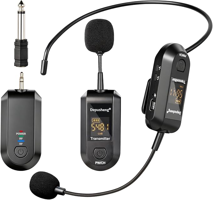 Depusheng 2.4G Wireless Microphone Headset,Lavalier and Handheld Mic 160ft Range,with 1/8''&1/4'' Plug for PA System,Voice Amplifier