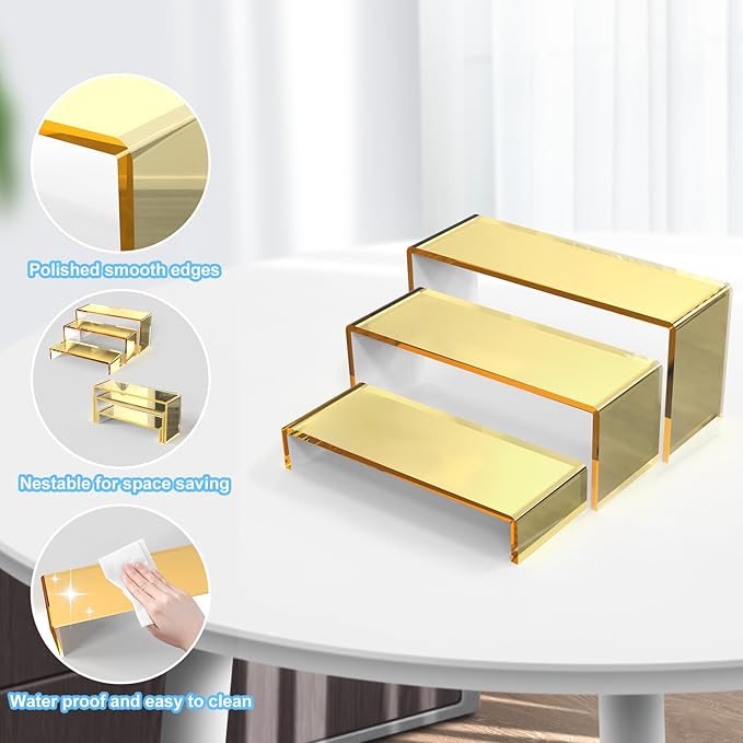 6 PCs Risers Display Stands 3 Tiers Desktop Acrylic Shelves Cake Dessert Holder Products Stand for Collectibles Shoes Jewels Pop Figure (Gold)