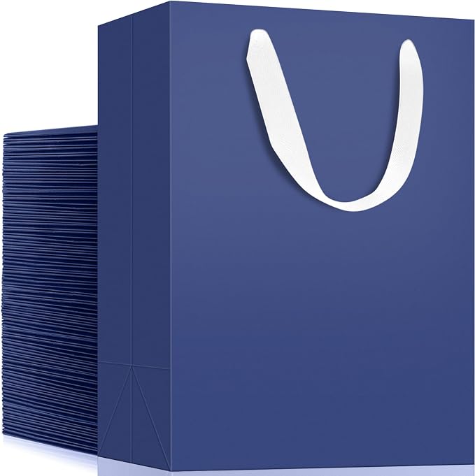 EUSOAR Paper Bags with Handles, 50pcs 7.8"x3.9"x11" Navy Blue Shopping Paper Wrap Bags Bulk, Kraft Gift Bags Medium Size Grocery Retail Craft Bags Wedding Birthday Party Thank You Favor Bags by EUSOAR