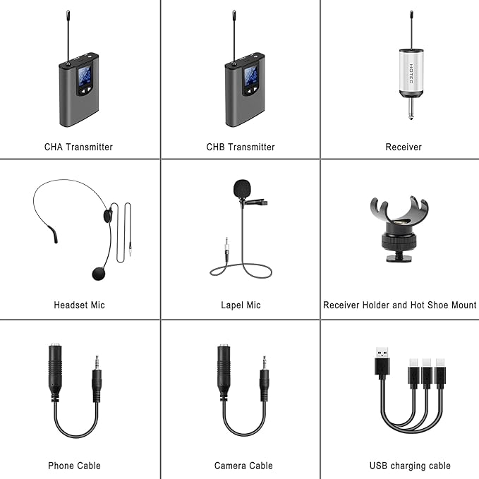 Hotec Wireless System with Dual Headset Microphones/Lavalier Lapel Mics and Bodypack Transmitters and One Mini Rechargeable Receiver 1/4" Output, for Live Performances