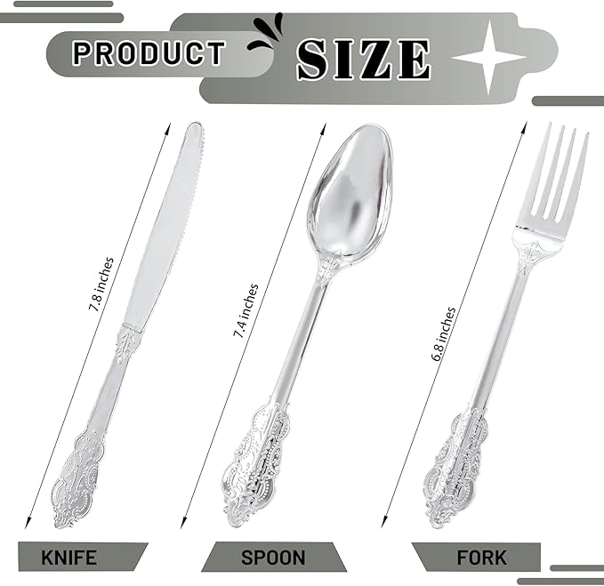 300Pieces Silver Plastic Silverware - Heavy Duty Silver Disposable Utensils - Fancy Plastic Cutlery Set Includes 100 Forks, 100 Spoons, 100 Knives for Dinner Parties Weddings