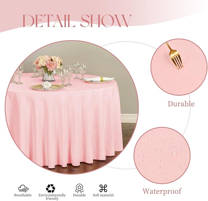 12 Pack Pink Tablecloth - 90 inch Round Table Cover, Polyester, Waterproof, Stain Resistant, Washable - Perfect for Wedding, Party, Buffet, Camping - Image 4