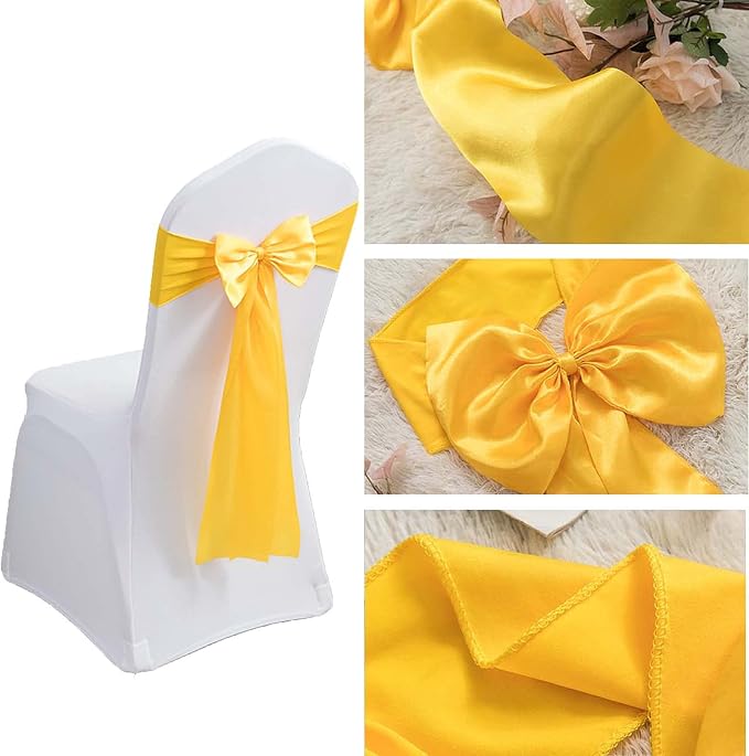Dimatic 50 PCS Satin Chair Sashes Bows Chair Back Tie Bands for Wedding Banquet Events Reception Supplies Party Decoration Chair Cover sash (Yellow) - Image 4
