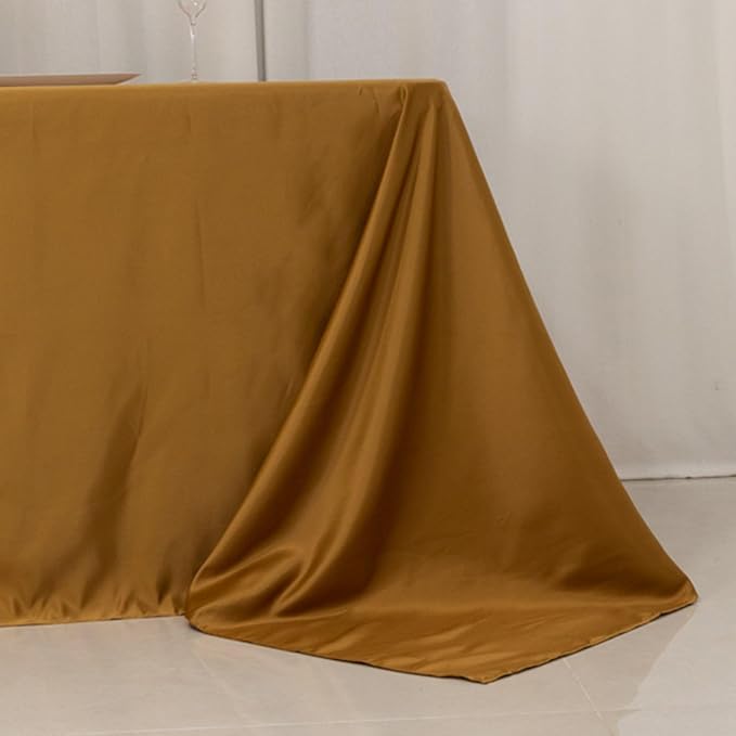 Efavormart Gold Seamless Lamour Satin Rectangle Tablecloth - 90"x156" for 8 Foot Table with Floor-Length Drop