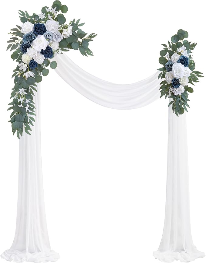 Olalaka Dusty Blue Artificial Wedding Arch Flowers Kit (Pack of 3) with 26Ft White Shiny Arch Draping Fabric for DIY Wedding Party Ceremony Reception Backdrop Floral Decoration by Love%C2%A0Every%C2%A0Bit%C2%A0of%C2%A0Life