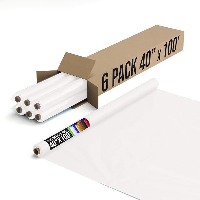 Party Solids White Plastic Table Cover Roll Pack of 6, 40" X 100' Table Cloth Plastic Cover Roll - Premium Quality Thick 0.5 MIL Banquet Rolls - Disposable Tablecloth Rolls by Exquisite