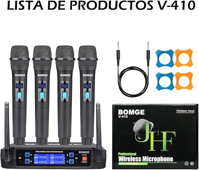 BOMGE Wireless Microphone System, Pro 4-Channel Cordless Mic Set with Four Handheld Mics, Fixed Frequency, Long Range 200ft, Ideal for Church,Karaoke, Events (V410)