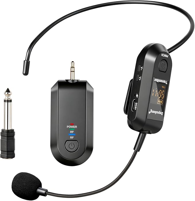 Depusheng 2.4G Wireless Microphone Headset,Lavalier and Handheld Mic 160ft Range,with 1/8''&1/4'' Plug for PA System,Voice Amplifier (1 Headset Microphone)