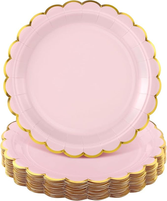 NatNarr 30 Pk Pink Gold Plates 9" Disposable Scalloped Pink Paper Plates | Cute Birthday Dessert Cake Plates Pink Party Dinner Plates for Baby Bridal Shower, Tea Party, Water&Oil Resistant by NatNarr