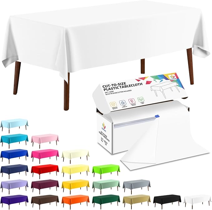 CXPSINC 54 Inch X 300 Feet Plastic Table Cover Roll Disposable Tablecloth with Slide Cutter for All Type/Shape Tables | Party, Banquet, Birthdays, Weddings(White, 300 Feet) by CXPSINC