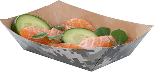 Restaurantware-Bio Tek 4 Ounce Paper Boats, 50 Disposable #25 Food Trays - PE Lining, Durable, Camouflage Print Paper Food Baskets, For Concession Stands, Picnics, or Fairs by Restaurantware