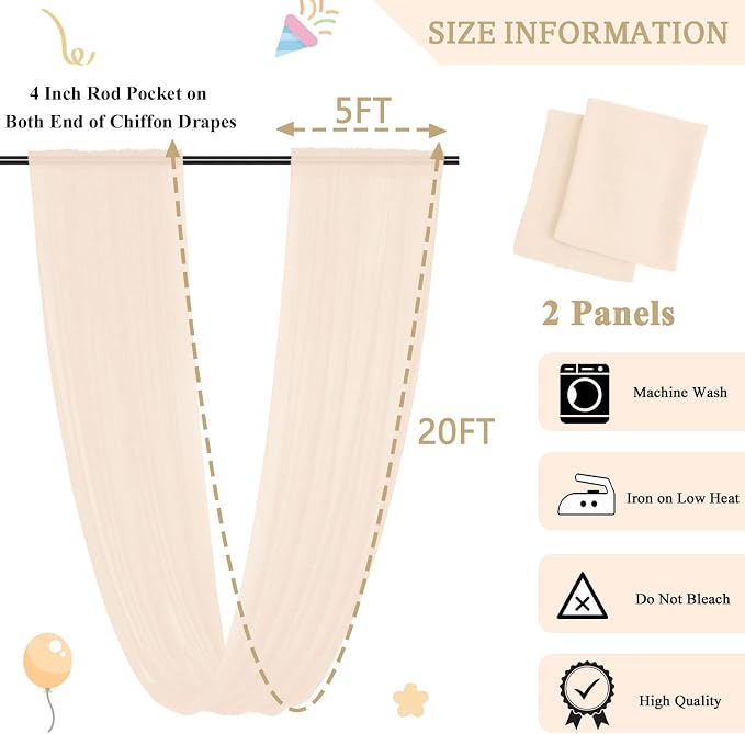 MODFUNS Champagne Ceiling Drapes for Parties 2 Panels 5FTx20FT Sheer Fabric for Draping Chiffon Curtain Ceiling Backdrop Wedding Arch Drapes Fabric Tulle Wedding Curtains Banquet Hall Tent Drapery - Image 5