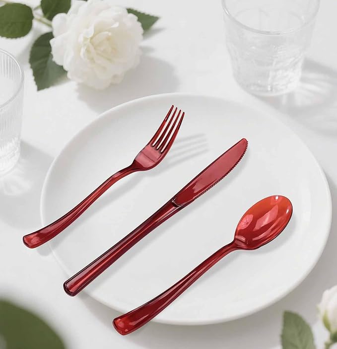 HEIPINIUYE 75 Pack Red Clear Plastic Cutlery Heavy Duty Clear Red Plastic Knives Forks and Spoons Disposable Silverware Set for 25 Guest Birthday Baby Shower Christmas Party Utensil Set