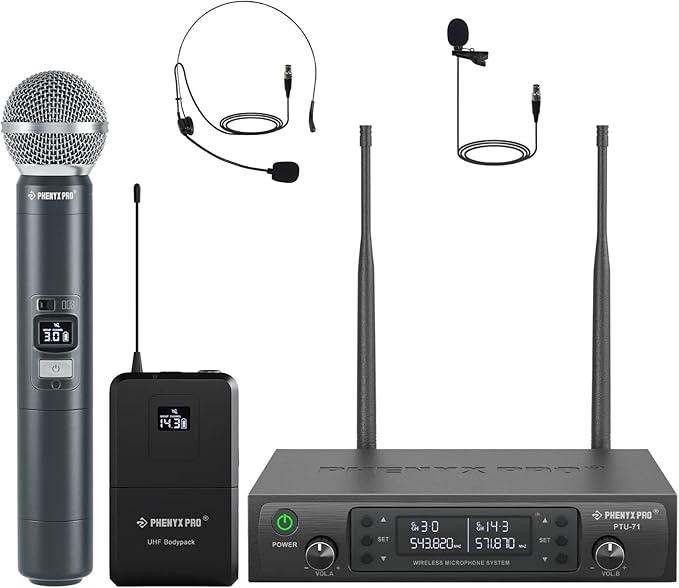 Phenyx Pro Wireless Microphone System, Dual Mic Set with Handheld/Bodypack/Lapel Mics,Auto Scan, 2x100 UHF Frequencies,328ft Range,Cordless Microphone for Singing, Karaoke, Church(PTU-71-1H1B)