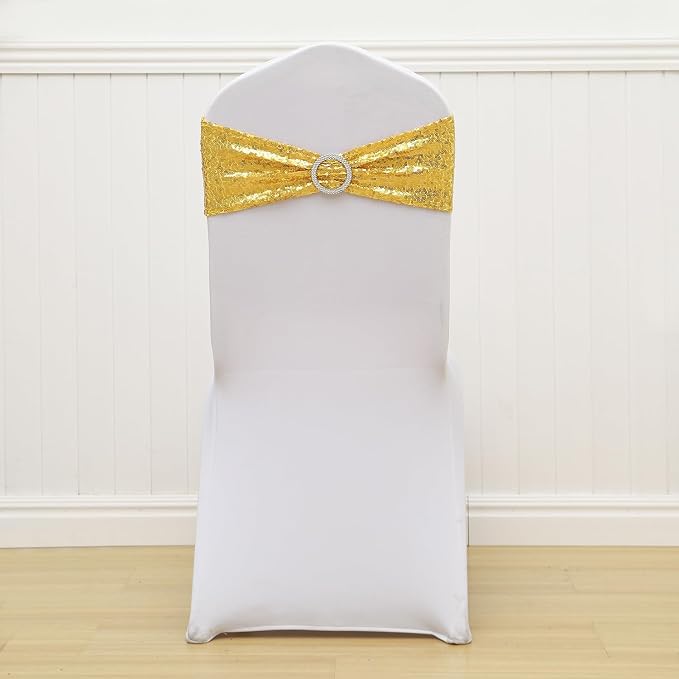 Full Sparkly Sequins Gold Chair Sashes for Wedding, Shimmering Glitter Chair Bands Bows for Party Ceremony Event Decorations - 50 Pack - Image 5