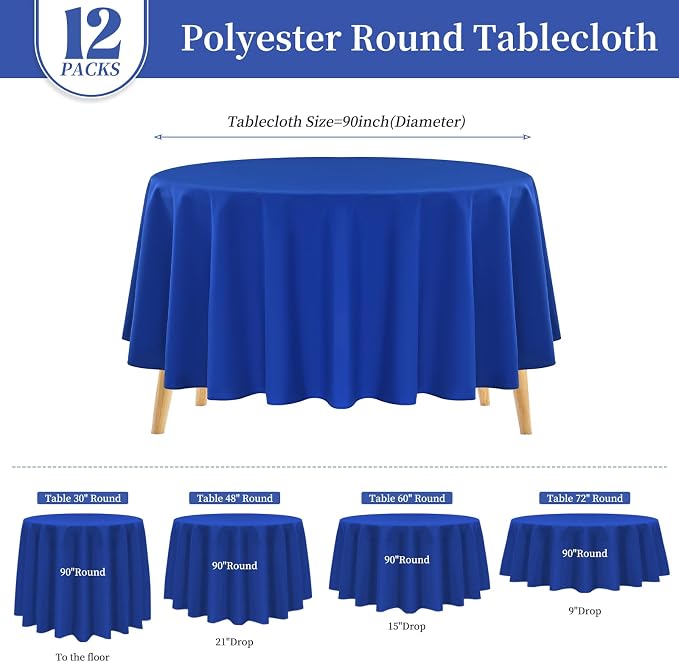 Pesonlook 12 Pack Royal Blue Round Tablecloth 90 Inch Circular Tablecloth | Reusable Washable Polyester Fabric Round Table Cover Royal Blue Tablecloth for Wedding/Party/Banquet - Image 3