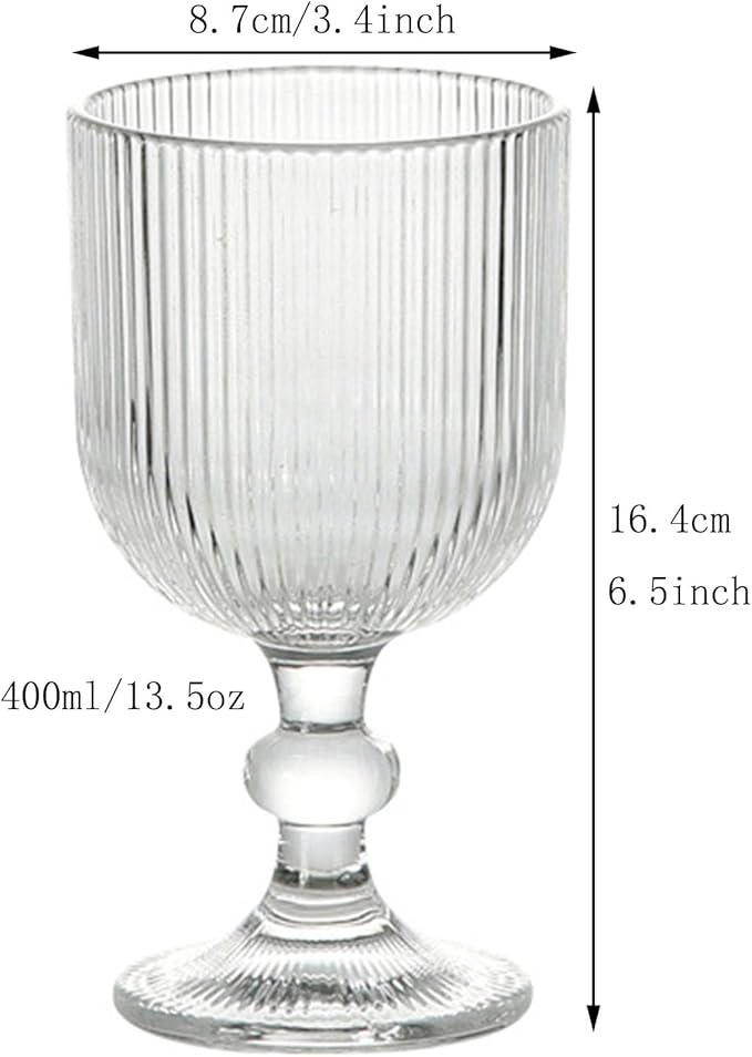 Vintage Glassware Water Goblets Drinking Clear Wine Glasses set of 6 Embossed Drinkware Stemware 13 oz for Wedding Party Bar Christmas