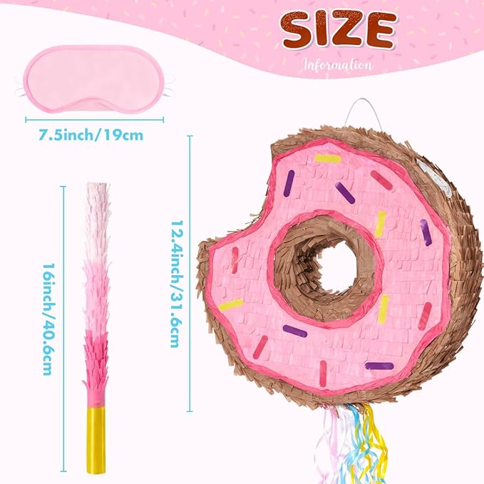 WERNNSAI Donut Piñata - Pink Donut Pinata with String Birthday Party Decorations Piñata with Stick Blindfold for Girls Kids Dount Pull String Pinata Family Games Birthday Party Supplies