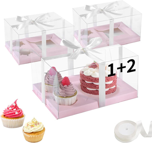 3Pcs Pink Bento Cake Cupcake Combo Boxes Valentine's Day 1+2 Bento Box with Clear Lid 2 Holes Pastry Sweets Cake Cupcake Combo Box Baking Supplies for Valentine Wedding Birthday Party(Pink 1+2/3Pcs)