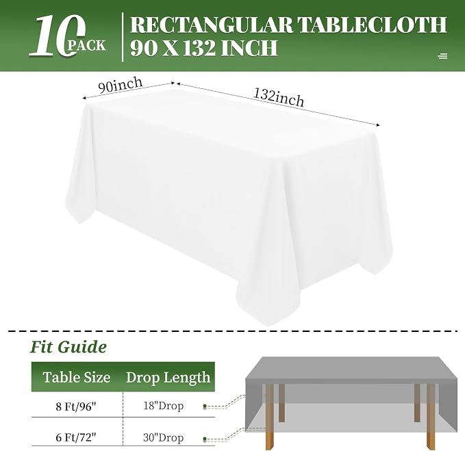 10 Pack White Tablecloths for 6 Foot Rectangle Tables 90 x 132 Inch White Table Linens Stain and Washable Polyester Fabric Table Covers for Wedding Reception Banquet Party Restaurant - Image 2