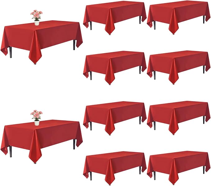 10 Pack Red Tablecloth 60 x 126 Inch for 8 Foot Rectangle Tables | Wrinkle Resistant, Washable Rectangular Table Cloth, Polyester Fabric, For Party Banquet Wedding Buffet by Unknown