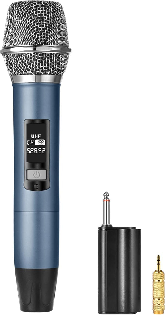 Rechargeable Wireless Microphone, Two Metal UHF Microphones with 1/4" Receiver, Plug-and-Play for Karaoke Singsing, Lecture, Stage Performance, PA System (Blue - One Mic)