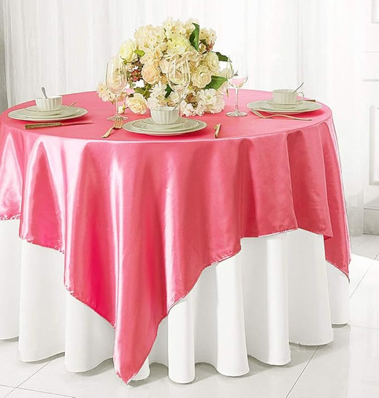 (2 PCS 54" Square Satin Table Overlays Toppers Tablecloths Table Overlay Cover Linens for Wedding Decoration Party Banquet Events - Bubble Gum