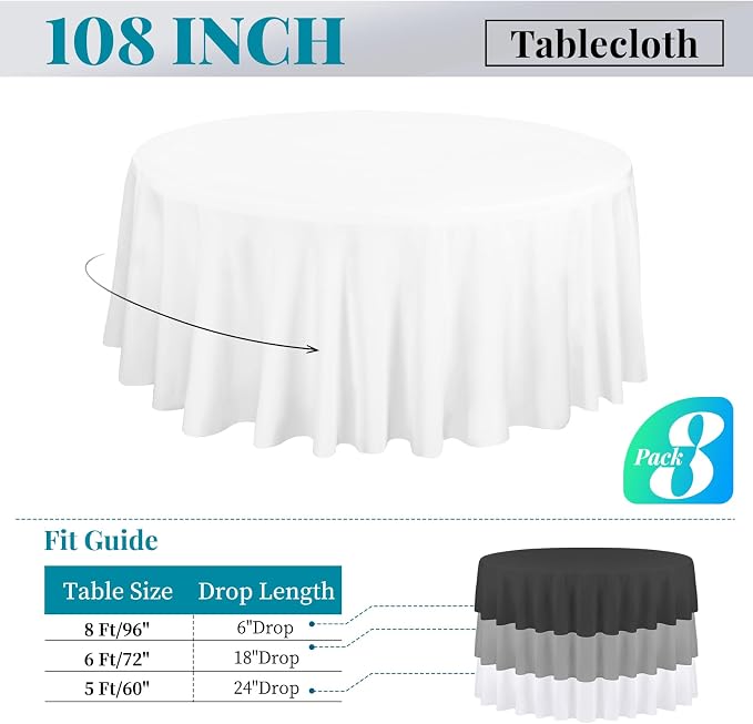 fani 8 Packs White Round Tablecloth - 108 Inch, Polyester | Table Cloth for Round Tables, Washable Fabric, TableCovers for Wedding, Party, Banquet, Dining Tables, Camping - Image 2