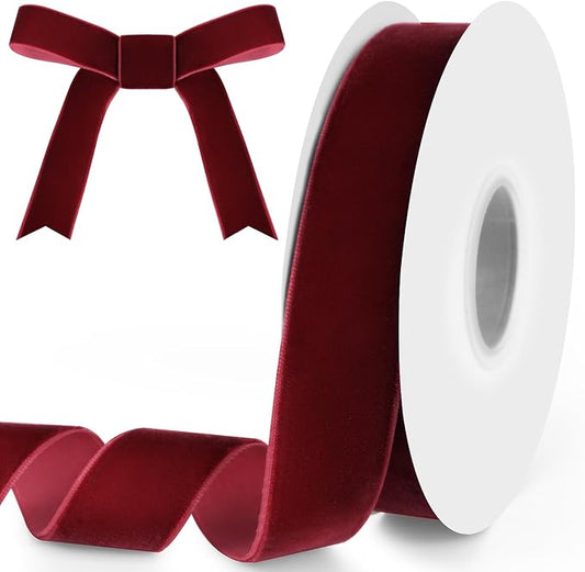 1" Wide x 10 Yards Velvet Ribbon, Vintage Single Face Velvet Ribbons for Gift Wrapping, Christmas Wrapping Bows, Wedding Decor, Sewing and More (Burgundy)