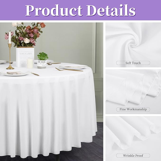 12 Pack White Round Tablecloths, 90 Inch Polyester Table Cloth - Image 4
