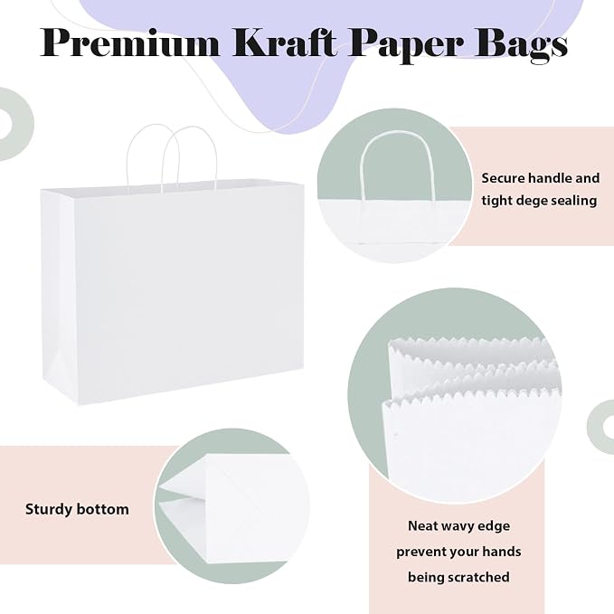 GSSUSA White Paper Bags with Handles, Large Gift Bags 16x6x12, 25 Pack | Sturdy Kraft Shopping Bags for Small Business, Boutique, Party Favors, Valentine's Day, Crafts, and Gift Packaging. - Image 3
