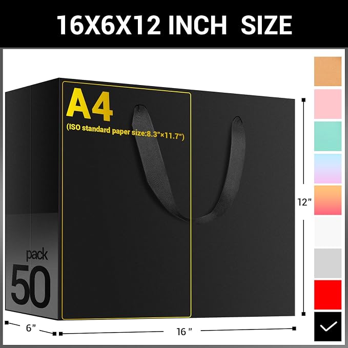 EUSOAR Exra Large Gift Wrap Bags Bulk, 50 Pack 16x6x12 inches Black Paper Heavy Duty Bags with Handles, for Business, Grocery, Boutique, Retail, Wedding, Party Favors, Baby Showers, Birthdays - Image 2