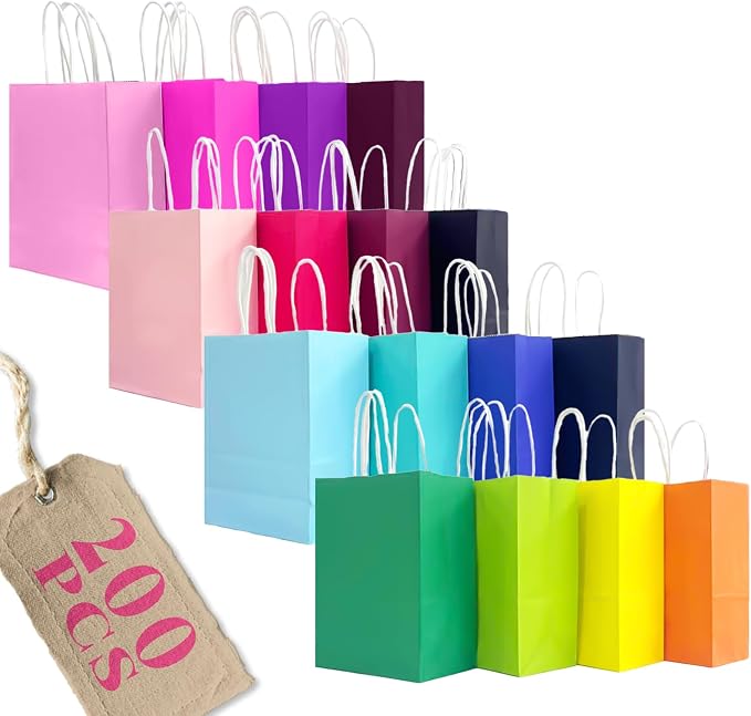 Bakepacker 200Pcs Small Paper Gift Bags with Handles 16 Different Senior Color Bags (15x21x8cm/6"x8.3"x3.15") by Bakepacker